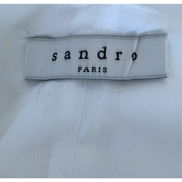 Sandro Paris Women’s Sz 1 Cream Cross Back Shift Dress w/ White Ruffle Hem - Picture 4 of 9